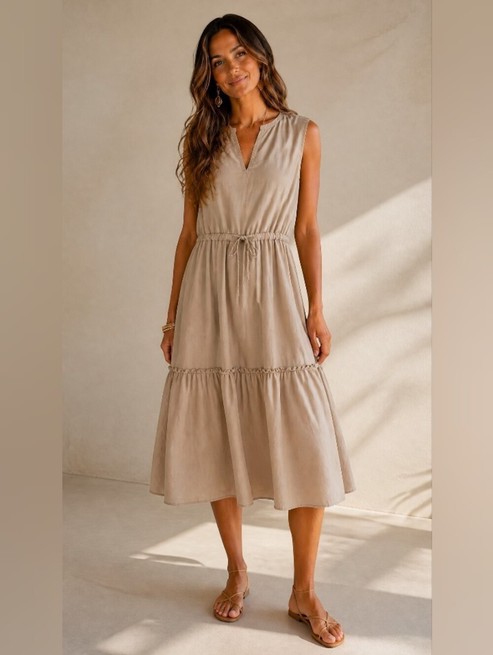 Classic Lands End Sleeveless Pockets Beige Drawstring Maxi Dress ErrandsBrunch